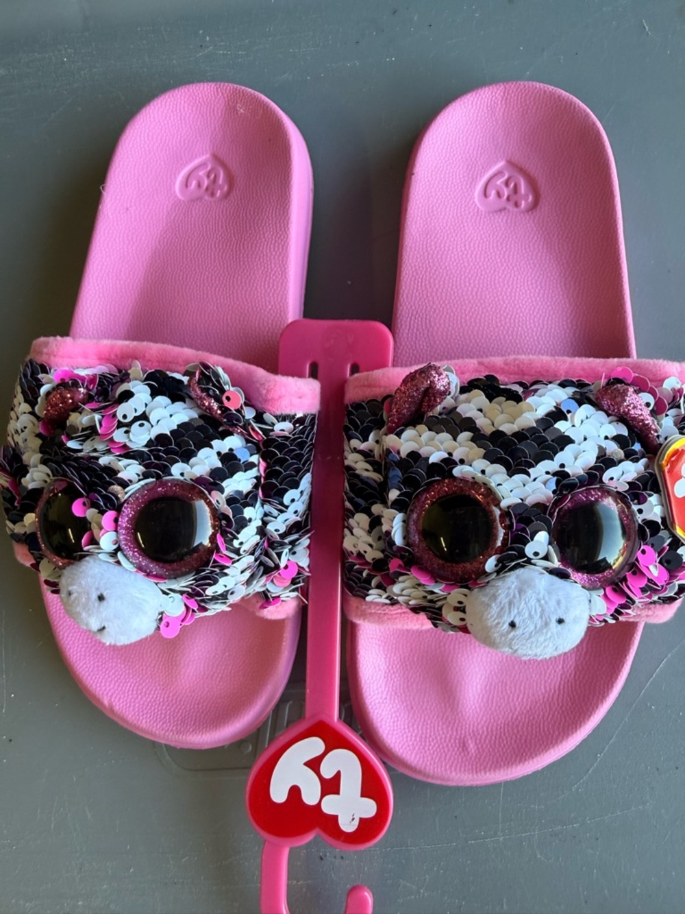 New girls Ty Pink Sequin Animal Slide Sandals with Plush Face Sz 1-3